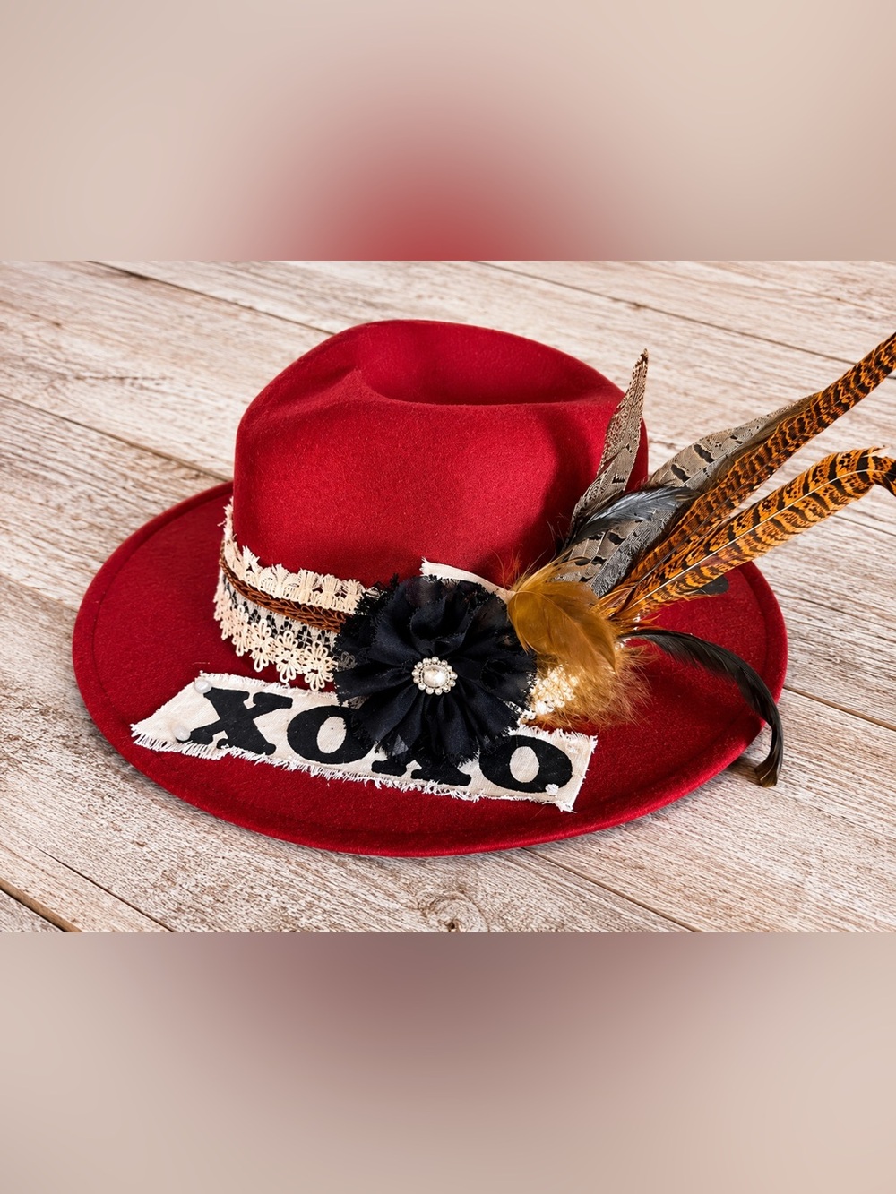 Red Handmade Cowboy Hat Feather Detail Felt Western Rodeo Costume Hat
